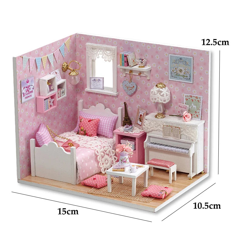 Kit maquette miniature DIY "Chambre Romantique au Piano" : maison de poupée avec lit, piano et décoration florale
