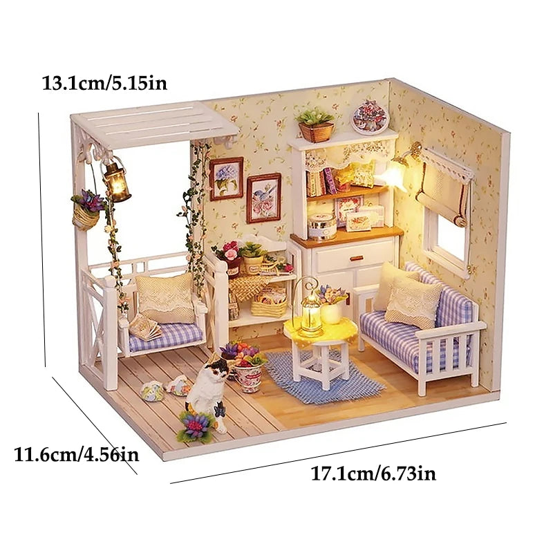 Kit maquette miniature DIY "Balcon Fleuri" : maison avec balancelle, salon et chat décoratif