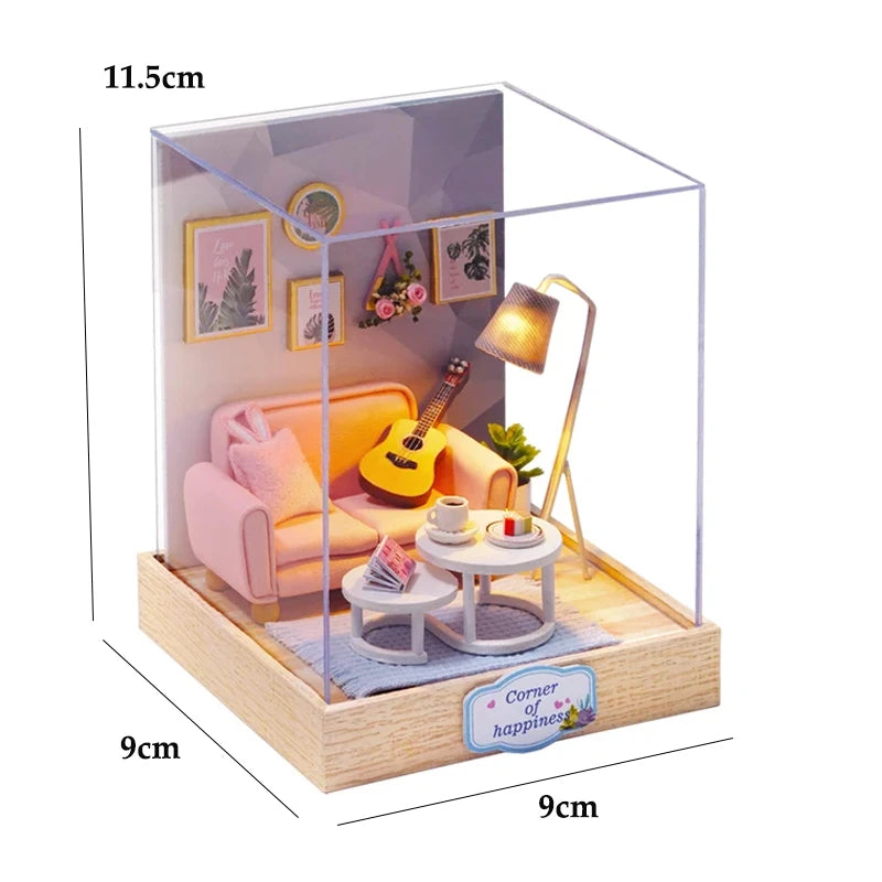 Kit maquette miniature DIY "Corner of Happiness" : salon miniature cosy avec canapé rose et guitare