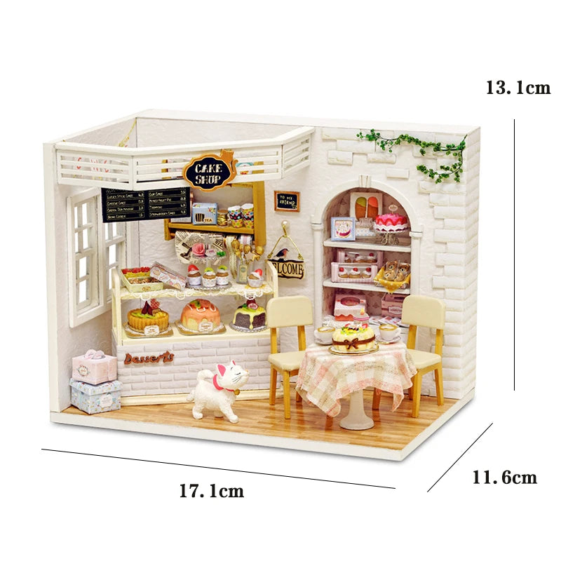 Kit maquette miniature DIY "Cake Shop" : pâtisserie miniature avec mobilier, vitrine de gâteaux et chat