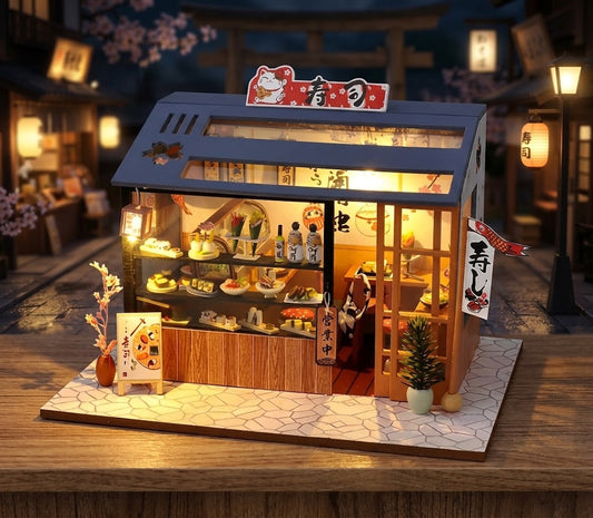 Kit maquette miniature DIY "Sushi Shop" : restaurant japonais avec comptoir à sushis, chat porte-bonheur et bonsaï