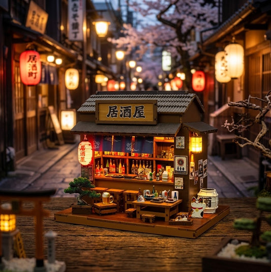 Kit maquette miniature DIY "Izakaya" : bar japonais avec comptoir à saké, bonsaï et chat porte-bonheur