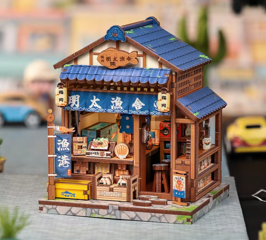 Kit maquette miniature DIY "Fish Market" : échoppe de poissonnier japonaise avec étal, lanternes et chat porte-bonheur