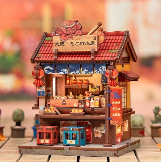Kit maquette miniature DIY "Takoyaki Shop" : échoppe japonaise avec enseigne poulpe, lanternes et étal de rue d'Osaka