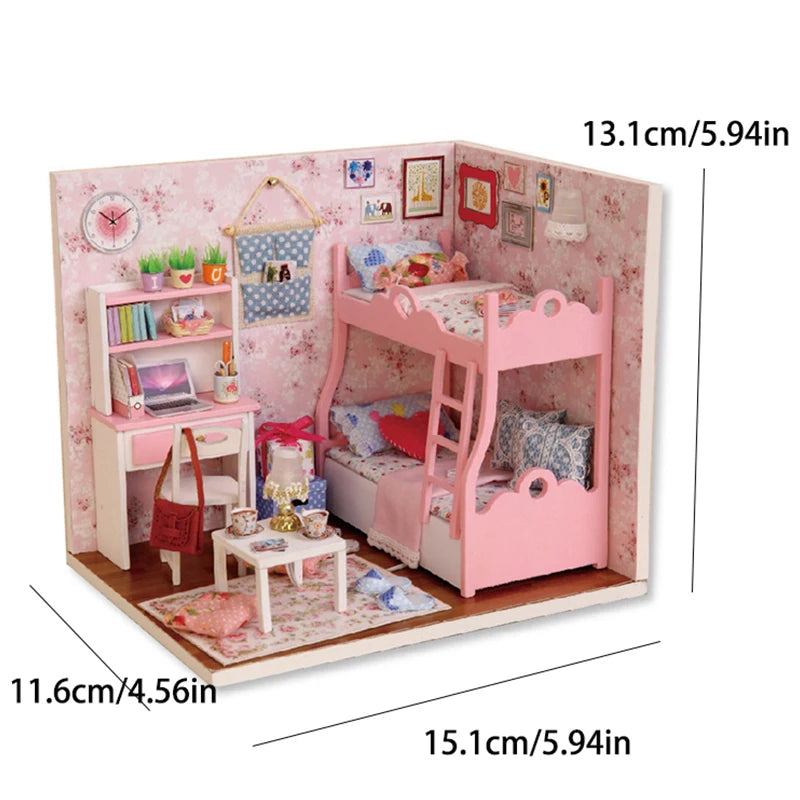 Kit maquette miniature DIY "Chambre Rose à Lit Superposé" : maison de poupée avec bureau et lits