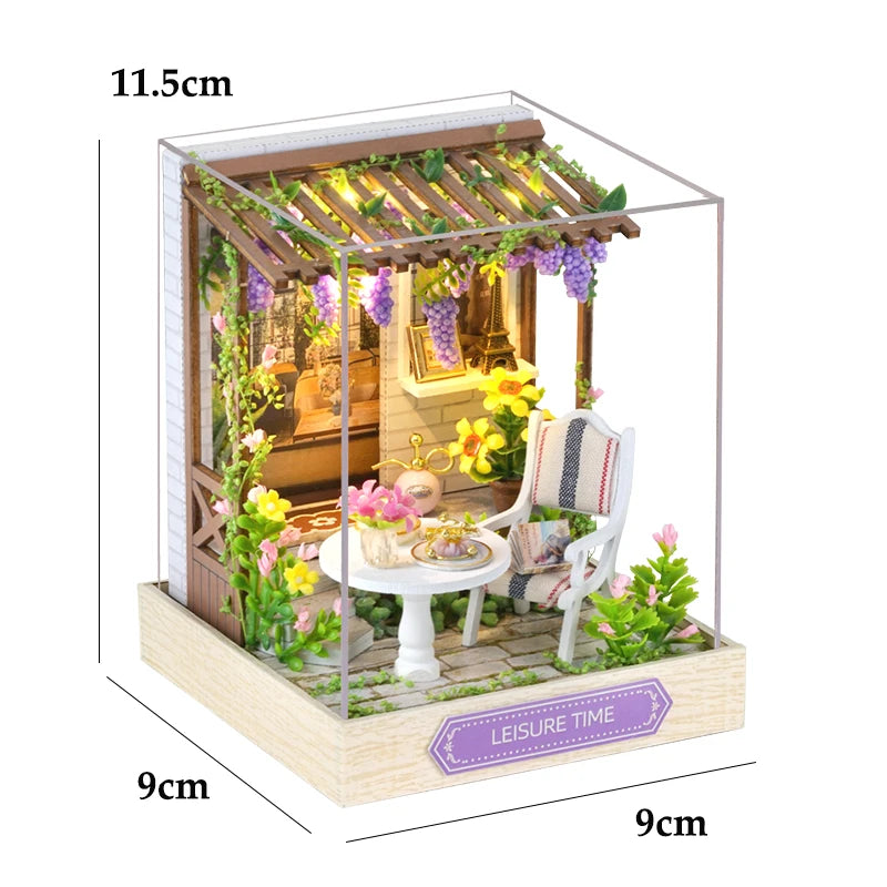 Kit maquette miniature DIY "Leisure Time" : pergola fleurie miniature avec glycine et salon de jardin