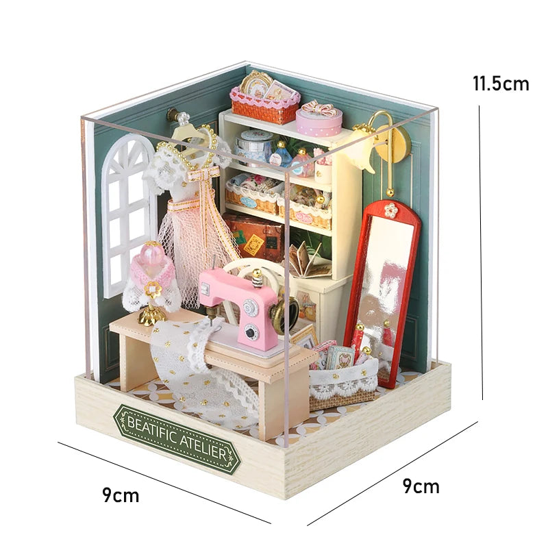 Kit maquette miniature DIY "Beatific Atelier" : atelier de couture miniature avec mannequin et machine à coudre