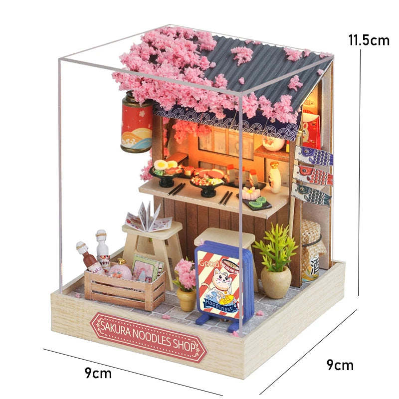 Kit maquette miniature DIY "Noodles Shop" : Échoppe japonaise avec fleurs de cerisier et éclairage LED