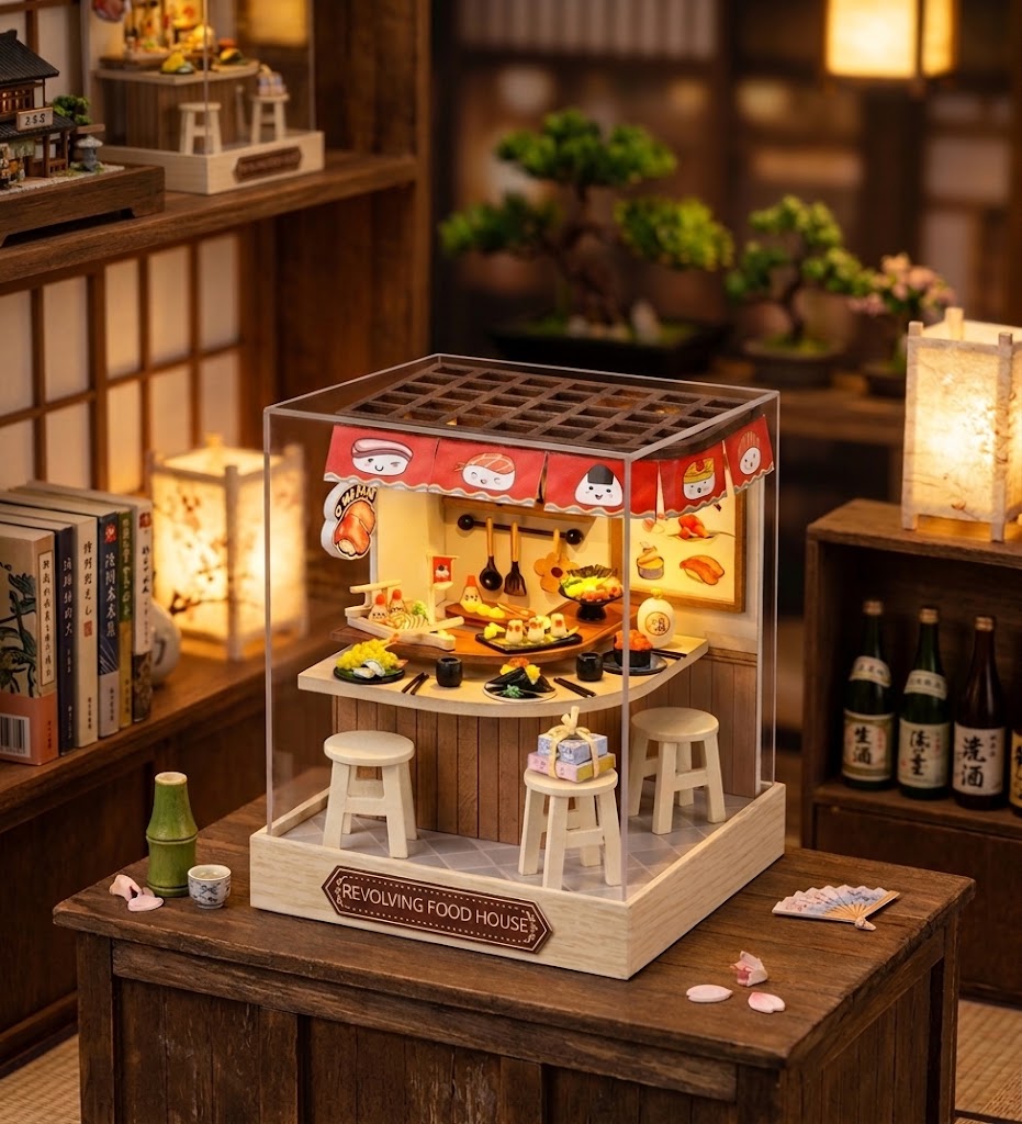 Kit maquette miniature DIY "Sushi Tournant" : mini-restaurant japonais avec comptoir à sushis et tabourets